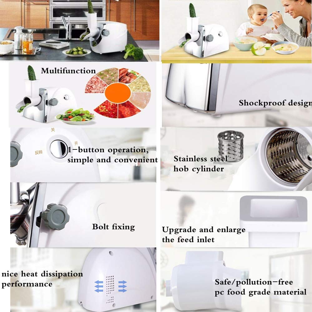 Electric Rotary Cheese Grater & Vegetable Slicer - 5 Interchangeable Blades for Fruits, Nuts, Chocolate | 220V Mandoline Slicer & Salad Maker Machine (White) | Perfect for Meal Prep, Salad Bars & Home Cooking