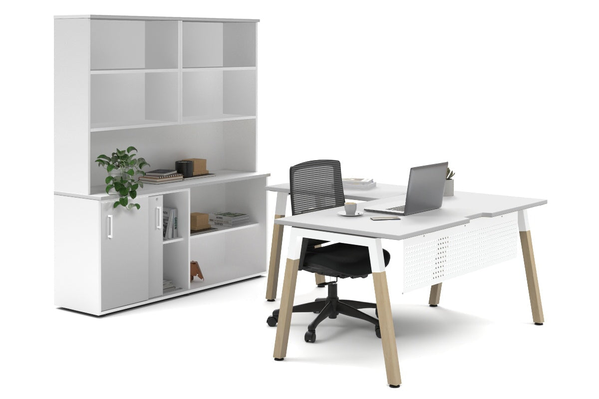 Premium L-Shaped Quadro A Legs Executive Desk with Wooden Legs & White Cross Beam [1600L x 1700W] - Perfect for Home Office, Conference Rooms & Modern Workspaces