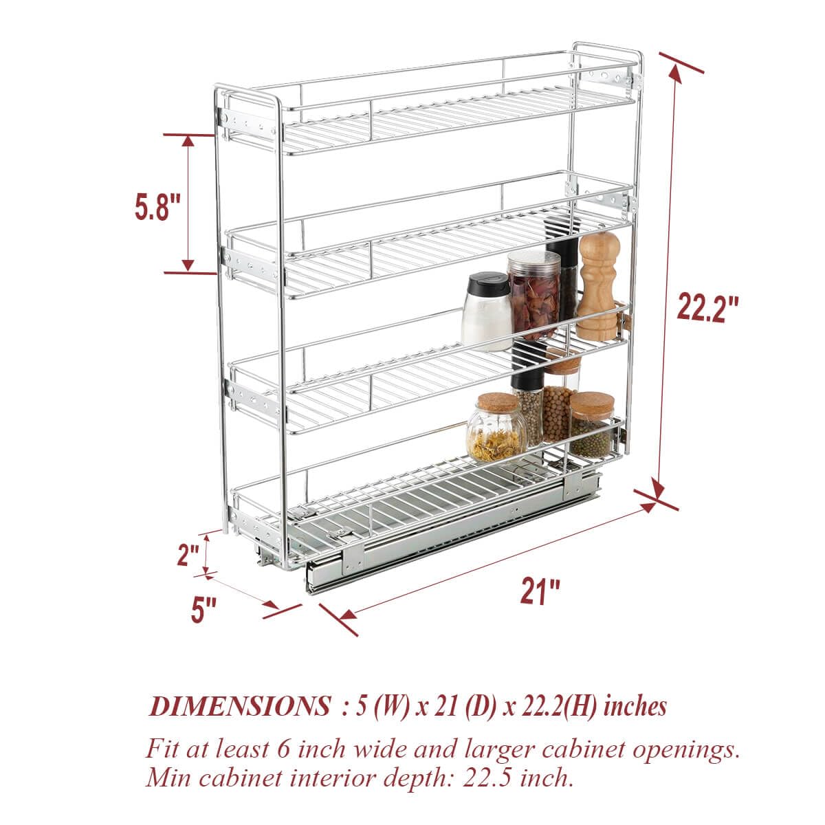 OCG 4-Tier Pull Out Kitchen Cabinet Spice Rack Organizer - Slim Slide Out Wire Basket Shelves (5