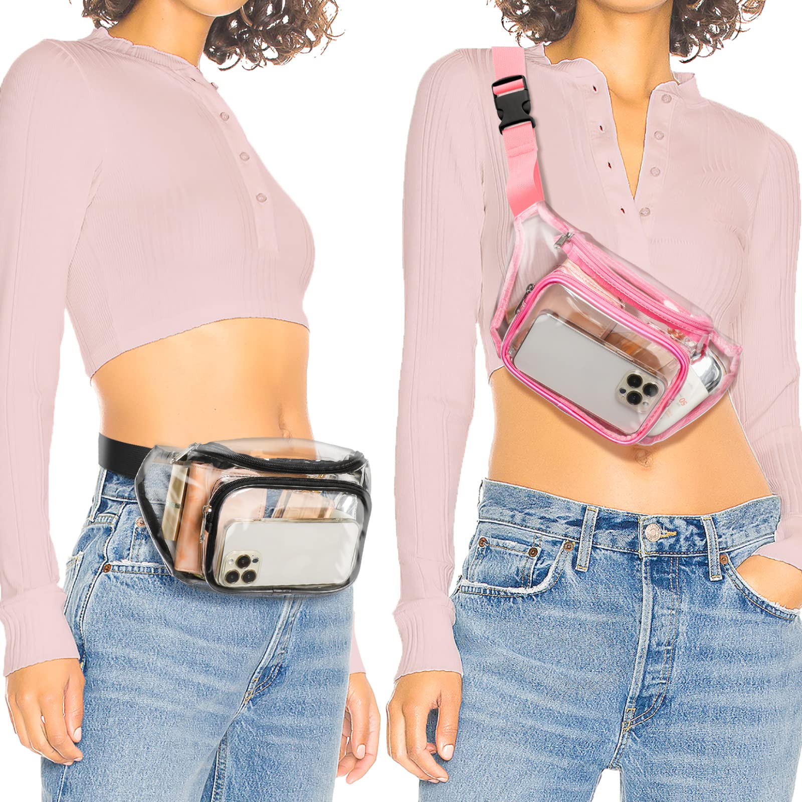 Veckle 2 Pack Clear Fanny Pack - Adjustable Waist Bag for Women & Men | Stadium Approved, Water-Resistant Belt Bag for Sports Events, Travel, Beach & Concerts | Perfect for Security Checks & Outdoor Activities (Black + Pink)