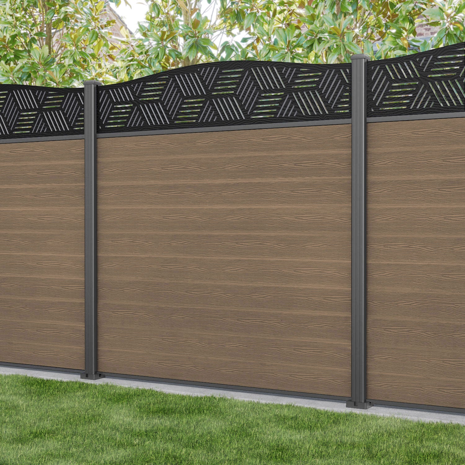 Premium Teak Wood Classic Cubed Curved Top Fence Panel with Aluminum Posts - Perfect for Garden, Patio, and Backyard Privacy Fencing