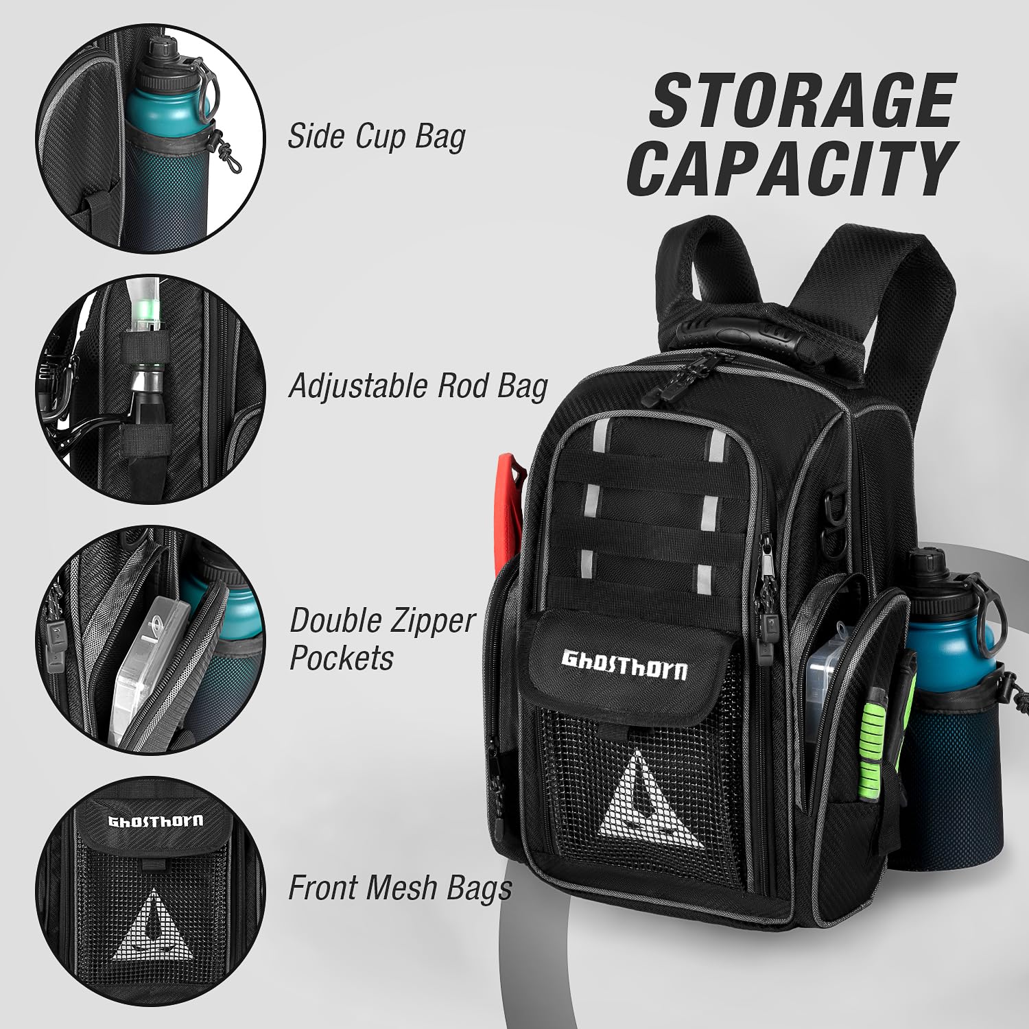 Ghosthorn 40L Waterproof Fishing Backpack with 2 x 3700 Tackle Boxes & Rod Holders - Large Outdoor Fishing Gear Storage Bag for Bass, Trout, Saltwater Fishing - Perfect for Shore, Boat & Kayak Anglers