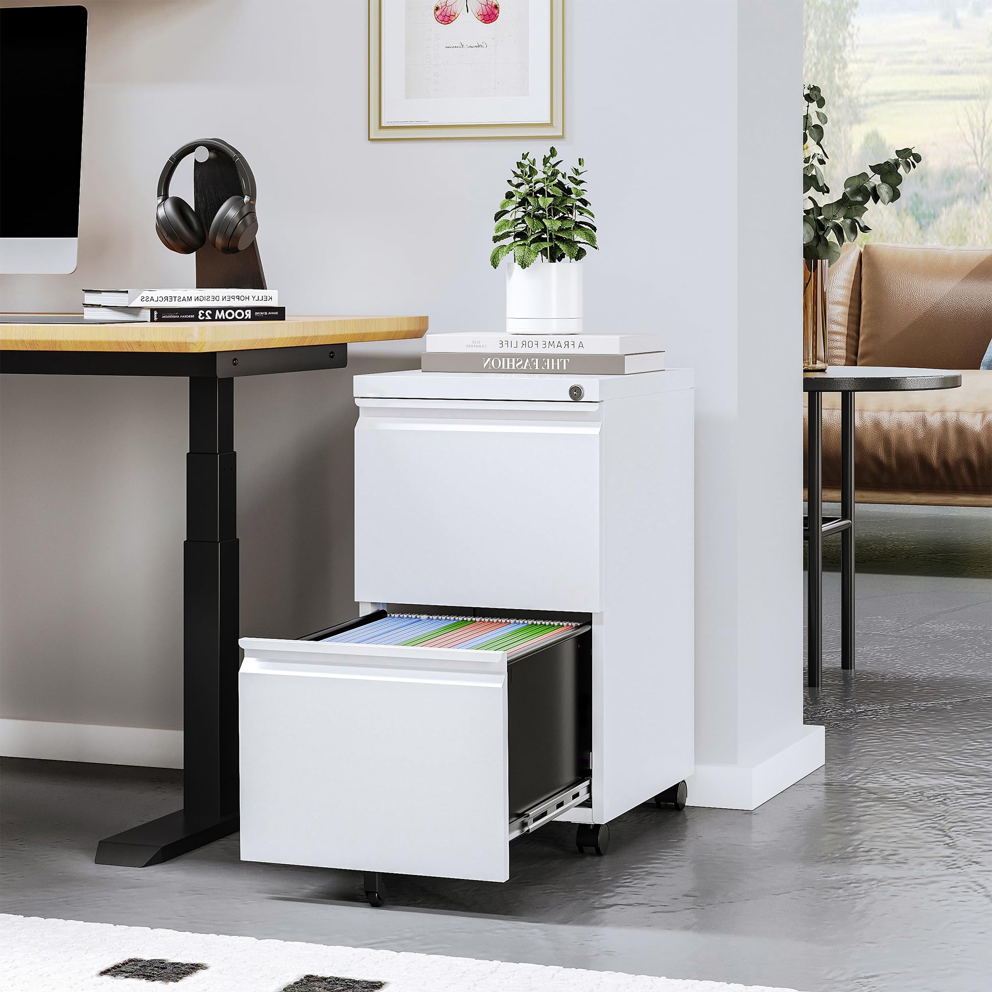 2-Drawer Mobile File Cabinet with Lock - Steel Rolling File Cabinet for Legal/Letter/A4 Size - Under Desk Metal Filing Cabinet for Home Office - Vertical Filing Cabinet & Printer Stand (Fully Assembled) - Perfect for Organizing Documents, Office Supplies & Small Printers