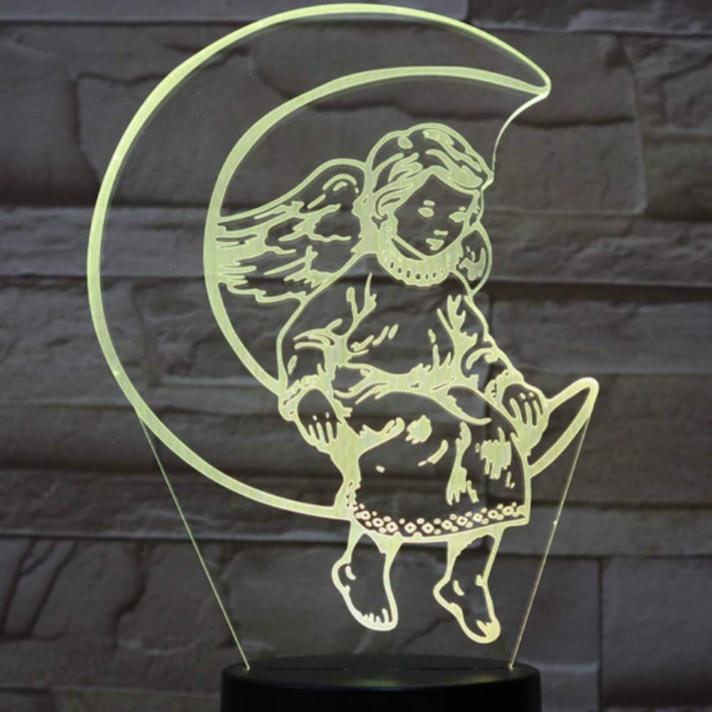 3D Angel Moon Night Light - 7 Color Changing LED Touch Table Lamp with Optical Illusion, Perfect for Home Decor, Kids Room, Christmas Gift & Birthday Present - Creates Magical Ambiance for Bedtime, Nursery, or Romantic Settings