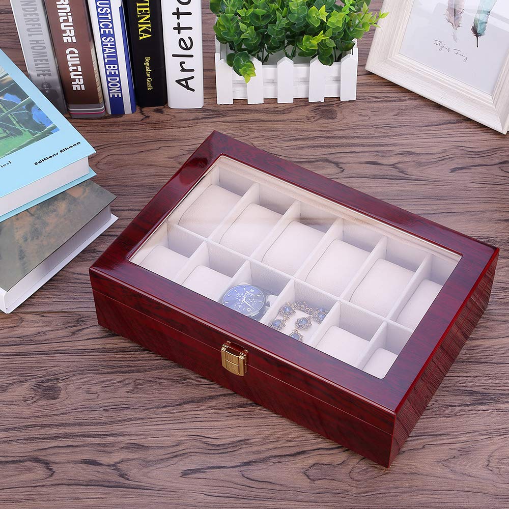Uten 12-Slot Wooden Watch Box with Removable Pillows & Metal Clasp - Luxury Watch Organizer for Men & Women - Perfect for Watch Collection Storage, Travel, and Gift Giving