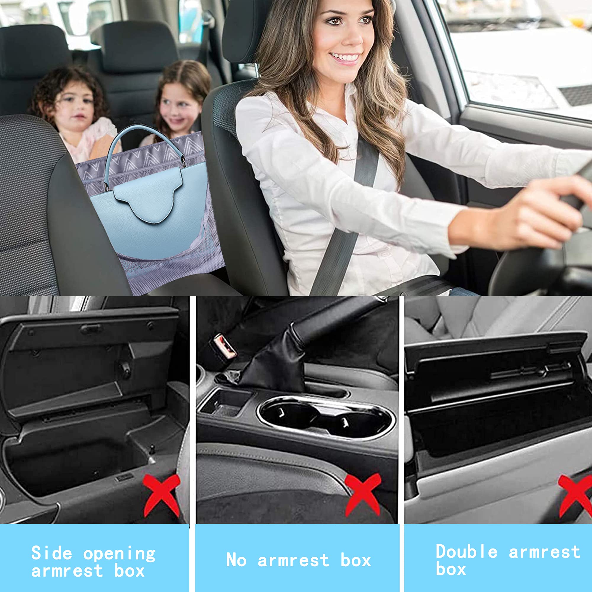 Car Seat Organizer with Net Pocket - Handbag & Purse Holder Between Front Seats | Collapsible Storage for Car Organization | Pet & Kids Barrier | Perfect for Road Trips & Daily Commutes (Gray Chevron)
