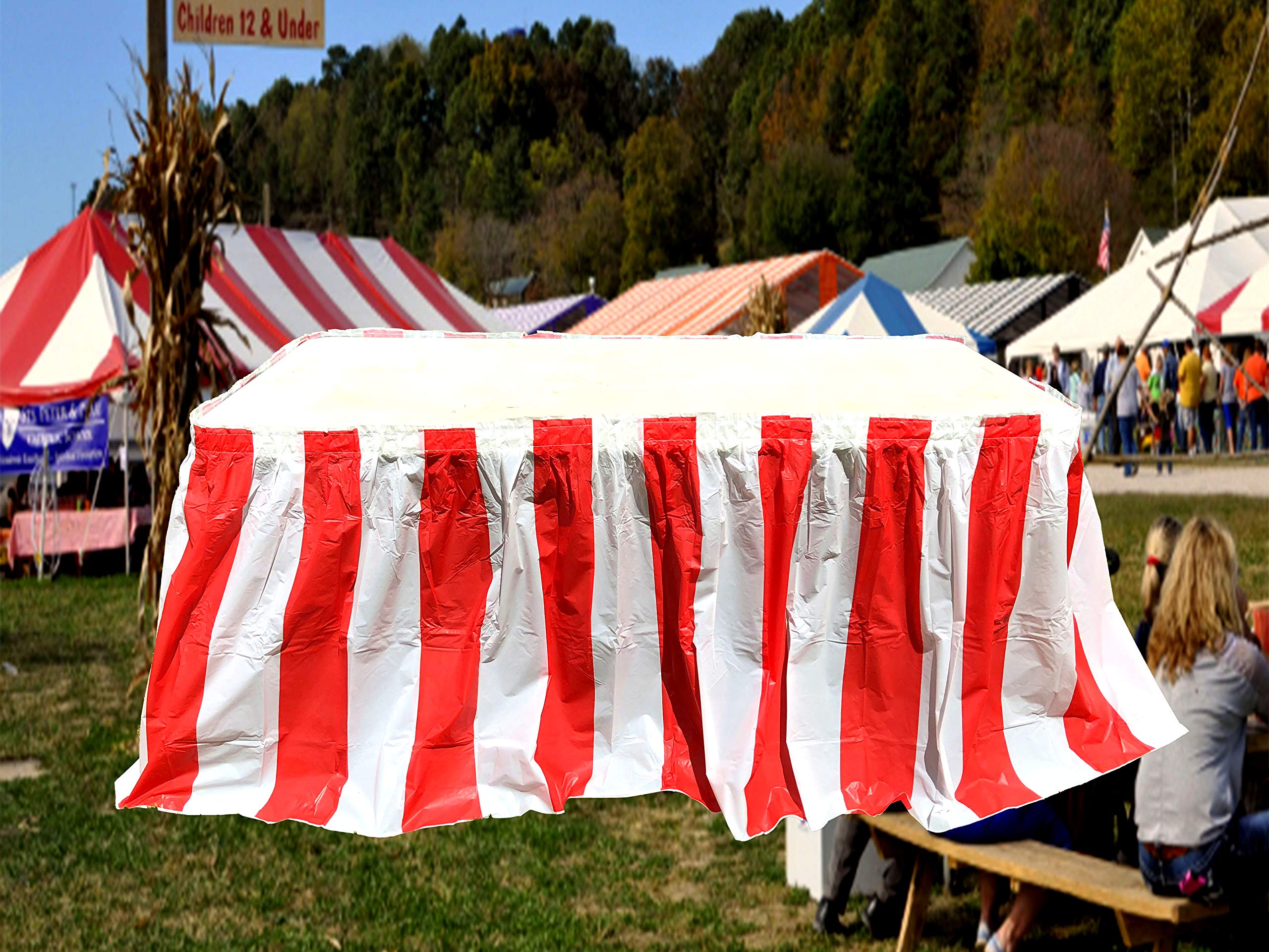 Red and White Striped Table Skirt - Carnival & Picnic Party Decor for Outdoor Events, Festivals, and Birthday Celebrations (1 Pack)