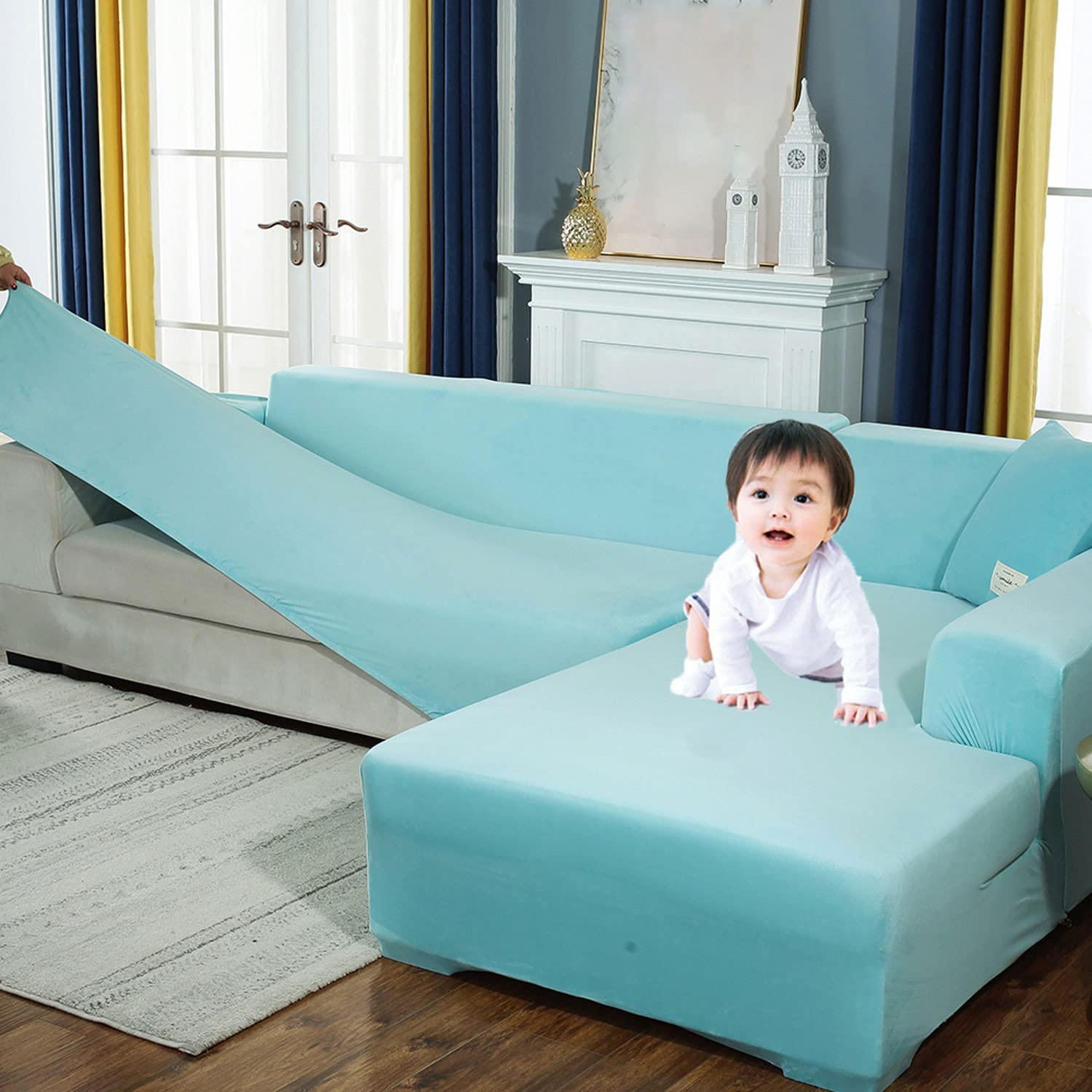 Stretch L-Shaped Sectional Sofa Slipcover - 4+5 Seat Couch Cover for Pets & Kids, Furniture Protector for 3-Cushion Living Room Sofa (Blue) - Perfect for Family Gatherings & Pet-Friendly Homes