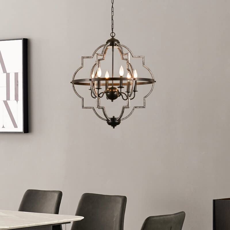 6-Light Candle Style Geometric Chandelier in Black & Taupe - Modern Contemporary Wrought Iron Ceiling Light Fixture for Dining Room, Living Room, Bedroom, or Entryway