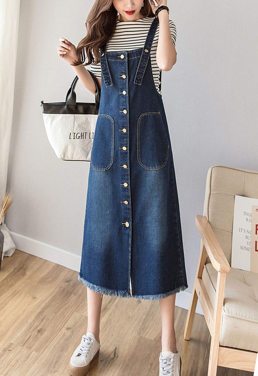 Flygo Women's Button Front Midi Long Denim Jumpsuit Overalls - Casual Pinafore Dress Skirt for Spring Summer Outfits, Streetwear & Boho Fashion