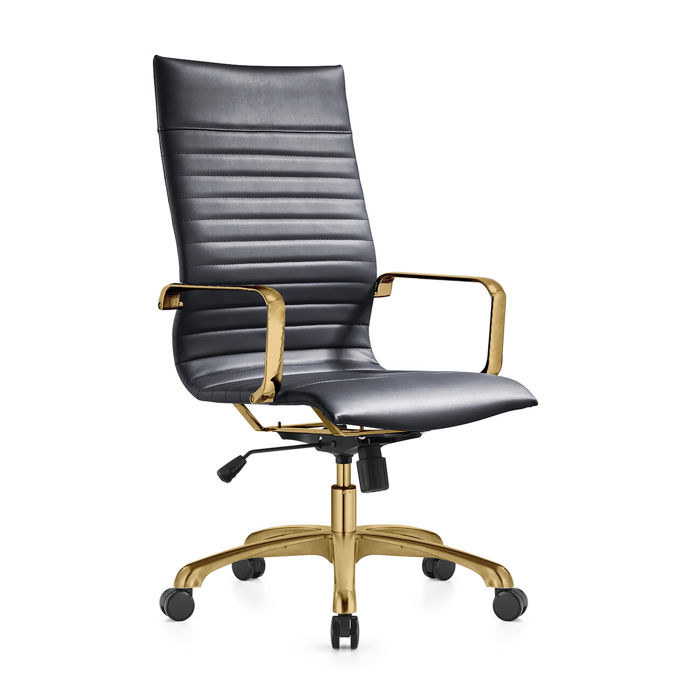 LeisureMod Harris High-Back Ergonomic Office Chair - Modern Leather Executive Desk Chair with Gold Frame, 360° Swivel & Adjustable Height - Perfect for Home Office, Study Room & Workspace