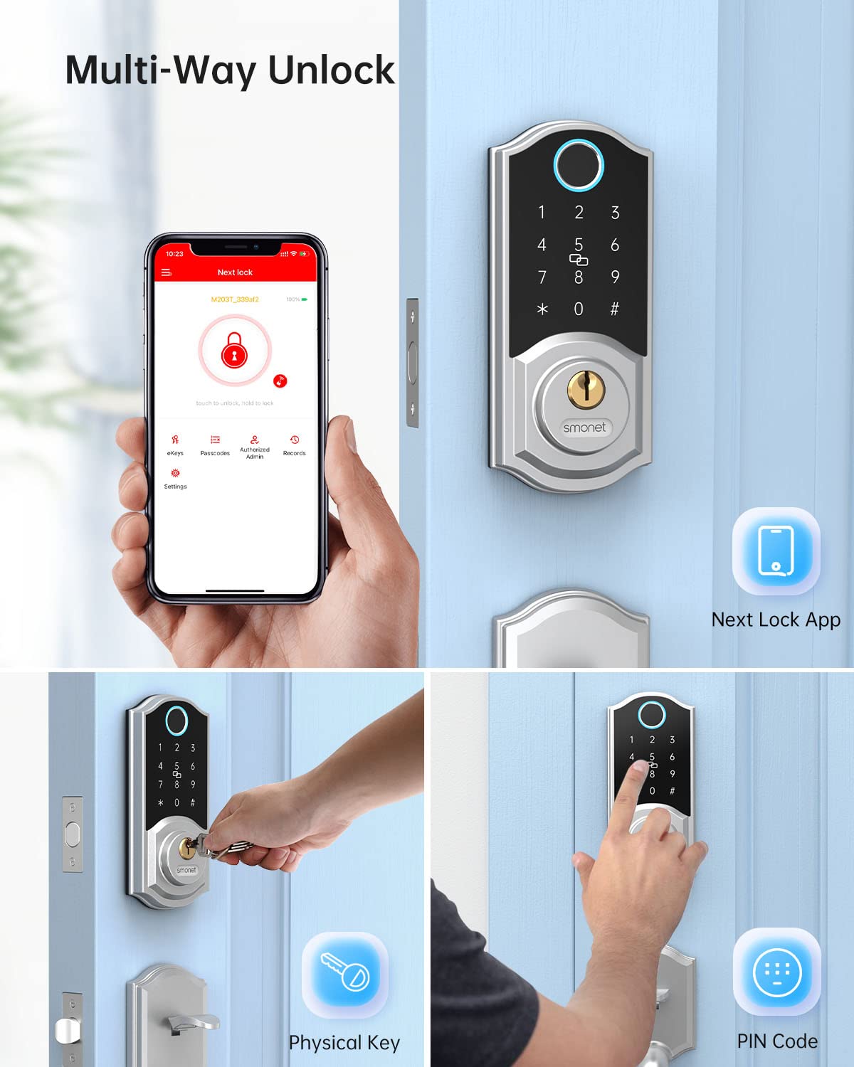 SMONET 8-in-1 Smart Deadbolt Keyless Entry Fingerprint Door Lock - Bluetooth Digital Front Door Lock with App Control & Passcode for Home Security | Perfect for Smart Homes, Apartments & Vacation Rentals