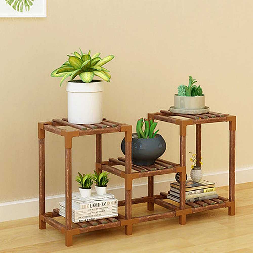 XIYAO 2-Tier Wooden Plant Stand for Indoor & Outdoor Use - Tall Corner Shelf for 5 Potted Plants, Flowers - Perfect for Living Room, Garden, Balcony, Lawn Decor | Space-Saving Home & Office Plant Display