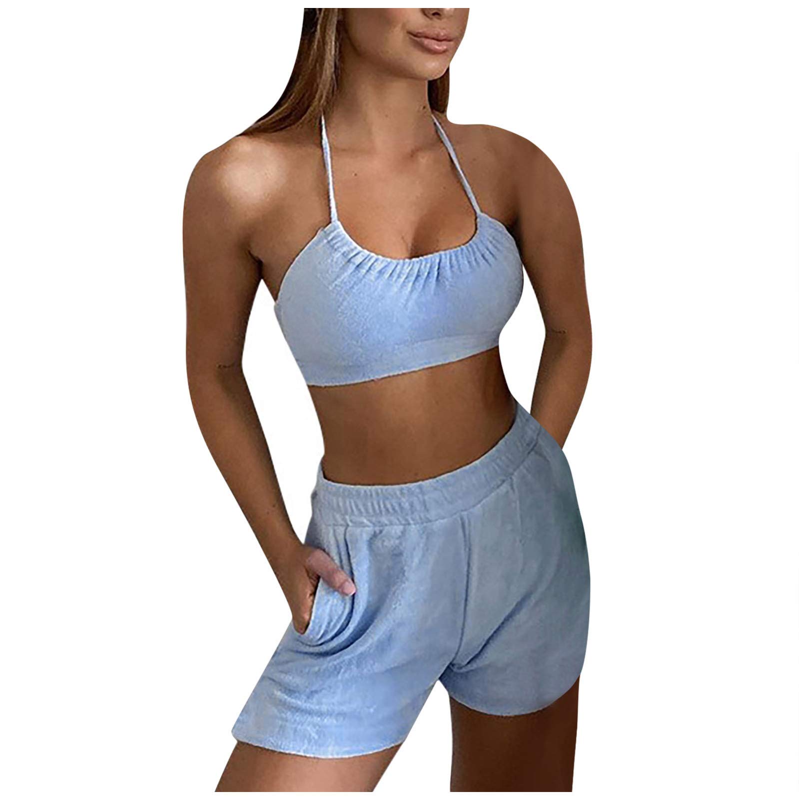 Sexy Women's Halter Sling Top and Shorts 2-Piece Summer Outfit - Casual Beachwear & Club Wear for Vacation, Pool Party, and Night Out