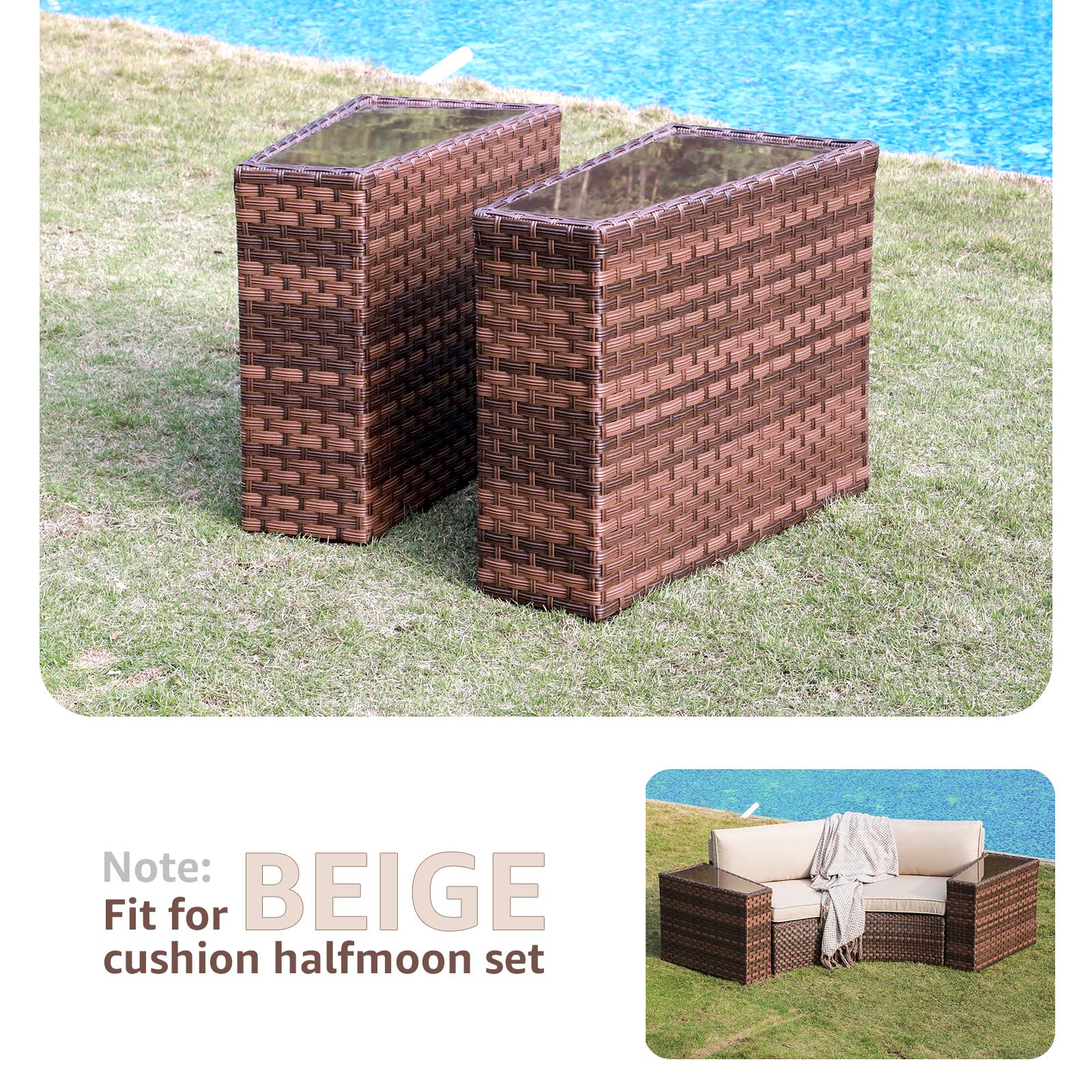 SUNSITT 2-Pack Rattan PE Resin Wicker Patio Side Tables with Tempered Glass Top - Brown Wedge End Tables for Living Room, Balcony & Outdoor Furniture Decor