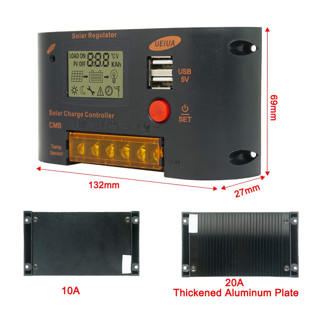 HearGrow 10A 12V/24V PWM Solar Charge Controller - Waterproof Black Solar Panel Regulator for Lithium, Sealed, Gel & Flooded Batteries | Perfect for RV, Boat, Off-Grid & Home Solar Systems