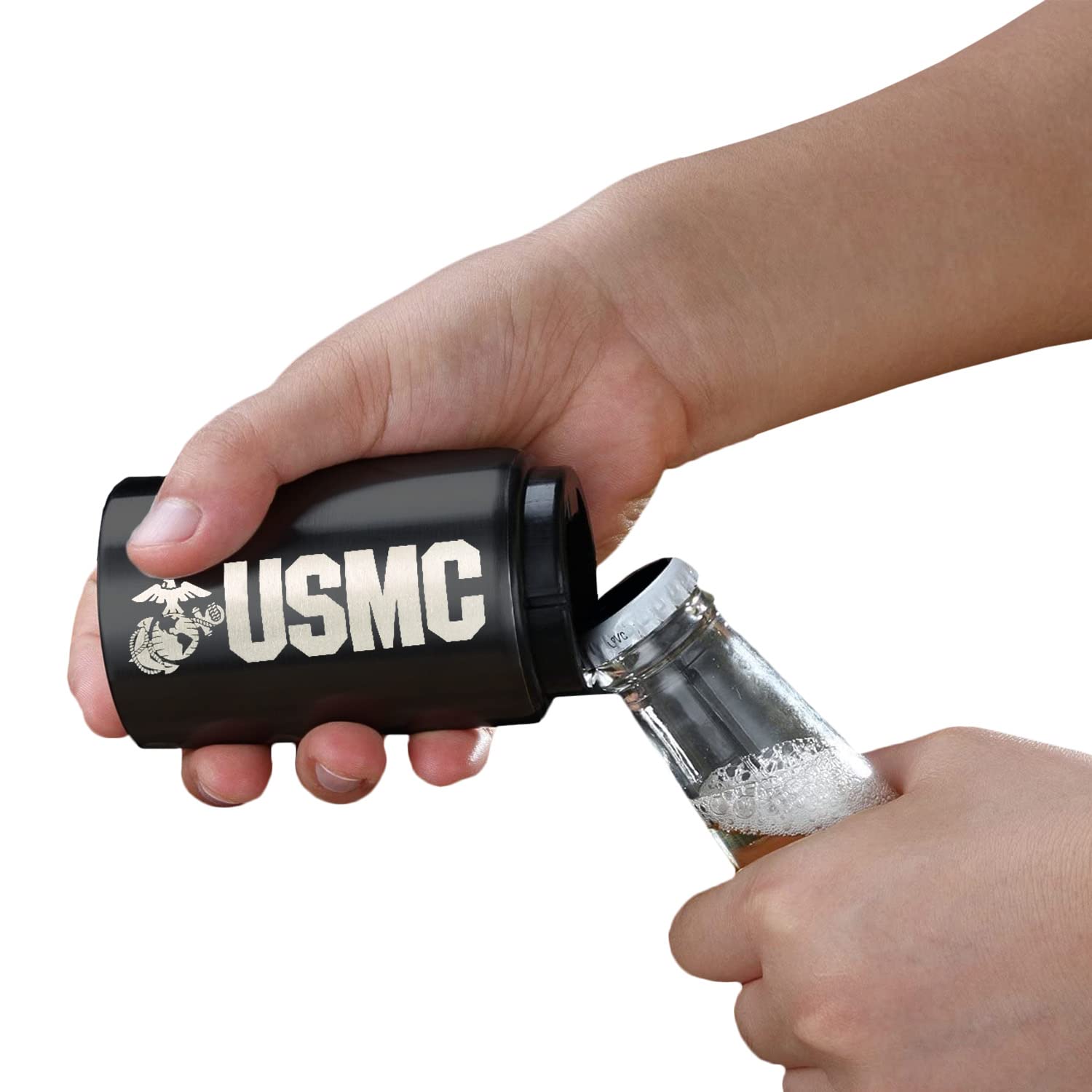 USMC Push Down-Pop Off Beer Bottle Opener with Magnetic Cap Catcher - Automatic Bottle Opener for Beer & Soda - Cool Bartender Gadget for Home Bars, Parties & Outdoor BBQs