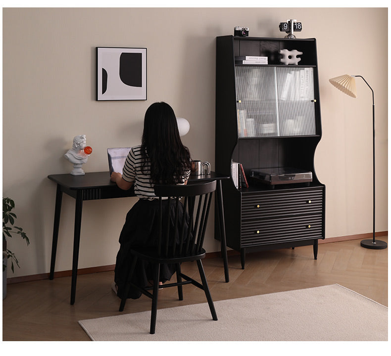ISABEL TOKYO Japanese Scandinavian Buffet Glass Display Sideboard - Nordic Style Cabinet in Walnut, Black, Grey & White - Perfect for Dining Room Storage & Living Room Decor