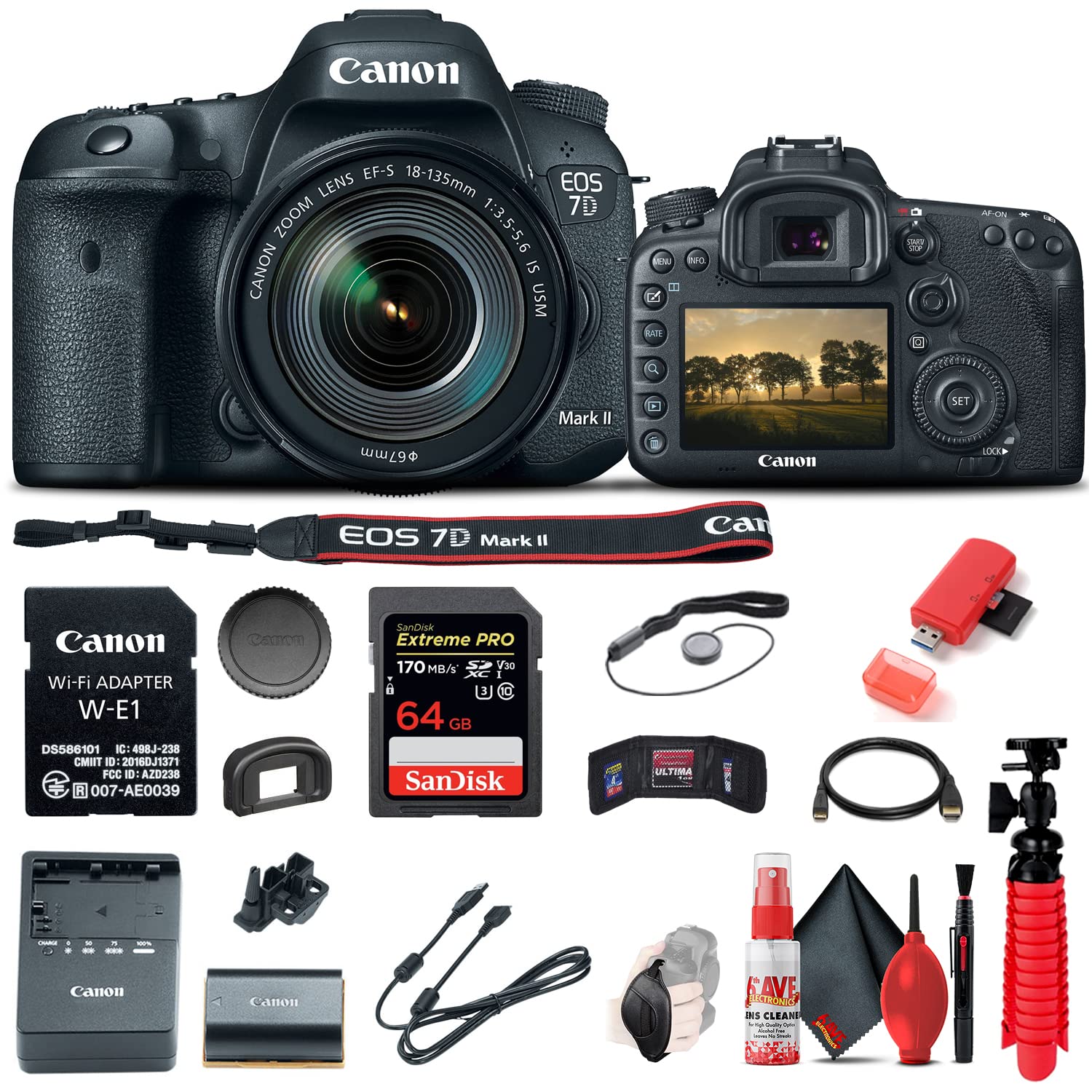 Canon EOS 7D Mark II DSLR Camera with 18-135mm f/3.5-5.6 IS USM Lens & W-E1 Wi-Fi Adapter - Professional Photography Kit with 64GB Memory Card, Case, Tripod & Accessories (Renewed) - Perfect for Travel, Wildlife & Sports Photography