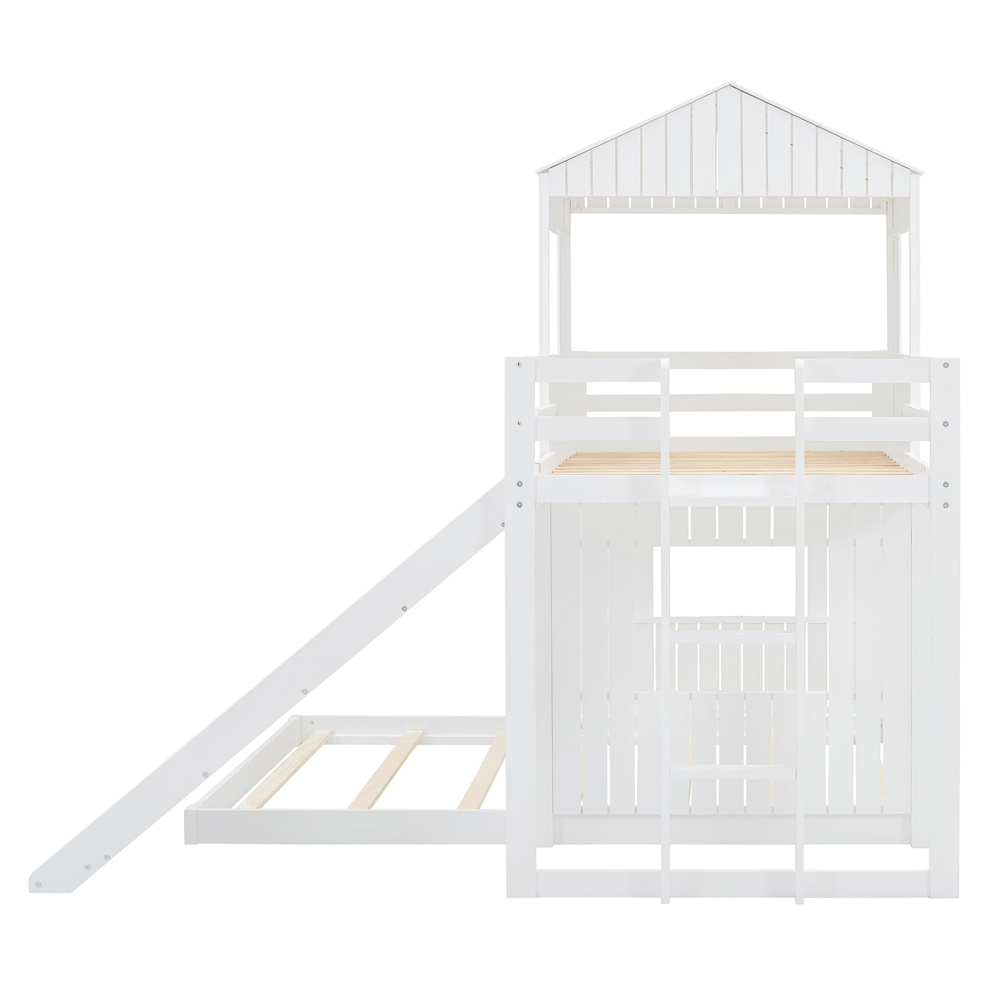 MERITLINE Twin Over Full Bunk Bed with Slide & Playhouse Design - Wooden Kids Bunk Bed with Roof, Windows & Ladder - Safe & Fun Bunk Beds for Boys & Girls in White | Perfect for Kids' Bedrooms, Playrooms & Sleepovers