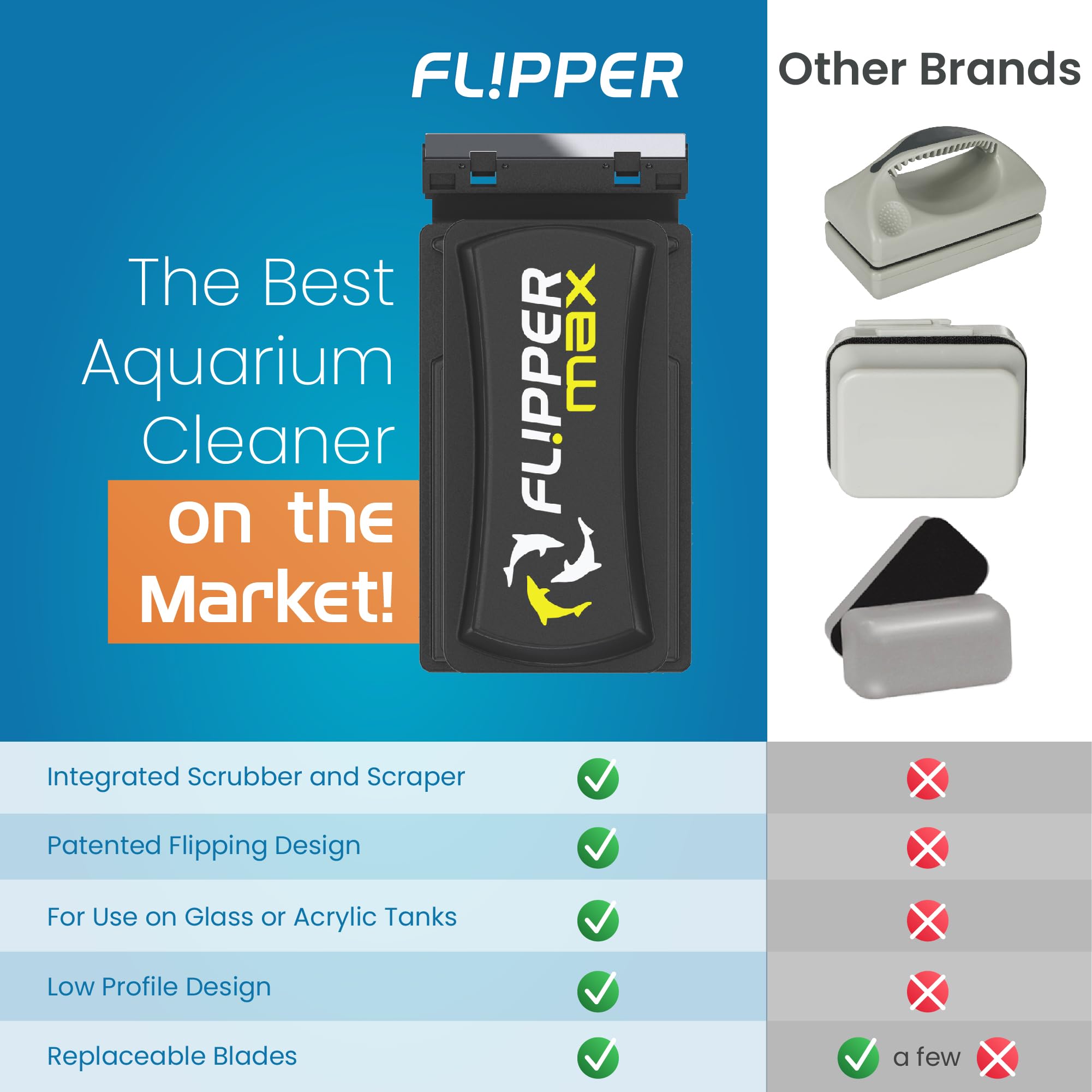 Flipper Magnetic Aquarium Glass Cleaner - Powerful Algae Remover for Fish Tanks | Easy-to-Use Aquarium Accessories for Crystal Clear Water | Perfect for Freshwater & Saltwater Tanks up to 1 Inch Thick