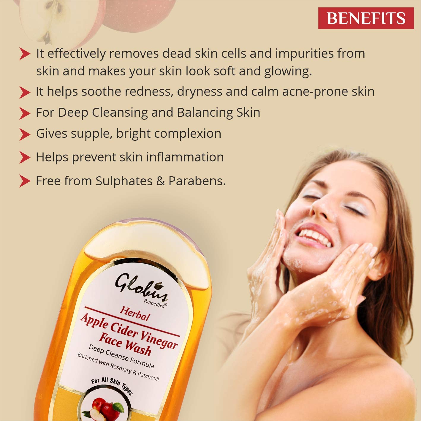 Globus Apple Cider Vinegar Face Wash 100ml - Natural Acne Treatment & Pore Cleanser for Clear Skin | Daily Facial Cleanser for Oily & Sensitive Skin
