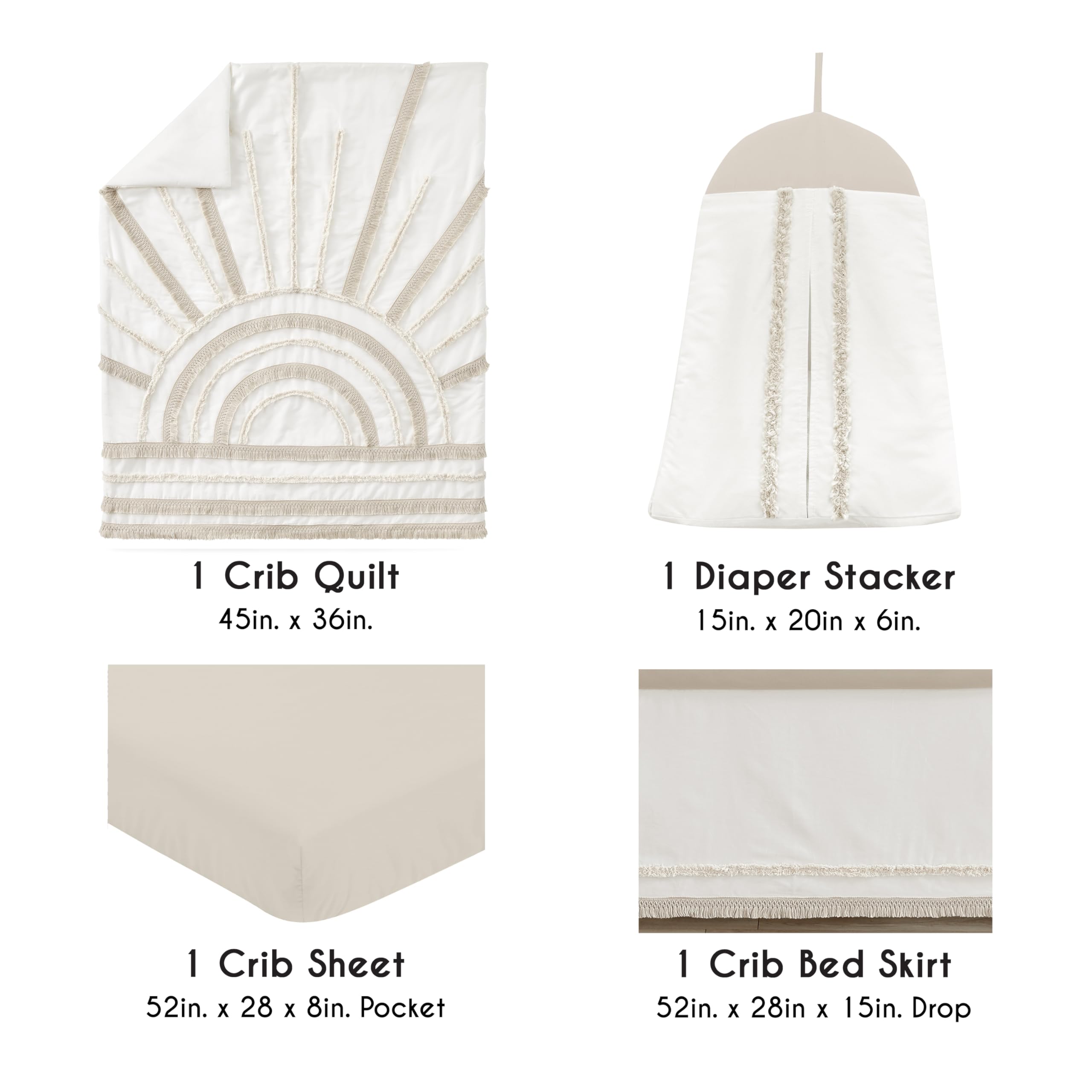 Sweet Jojo Designs 4-Piece Baby Crib Bedding Set - Boho Chic Sun Cotton for Boys & Girls, Neutral Nursery Set with Blanket, Fitted Sheet, Skirt & Diaper Stacker (Ivory, Modern Farmhouse) - Perfect for Newborns, Infants & Nursery Decor