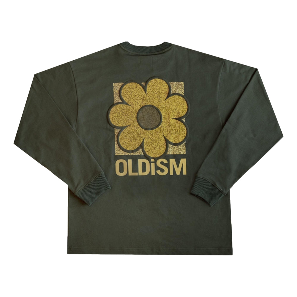 Oldism Oversized Embroidered Crack Sunflower Long Sleeve T-Shirt - Olive Green Vintage Streetwear for Men & Women | Casual Wear, Urban Fashion, Festival Outfit