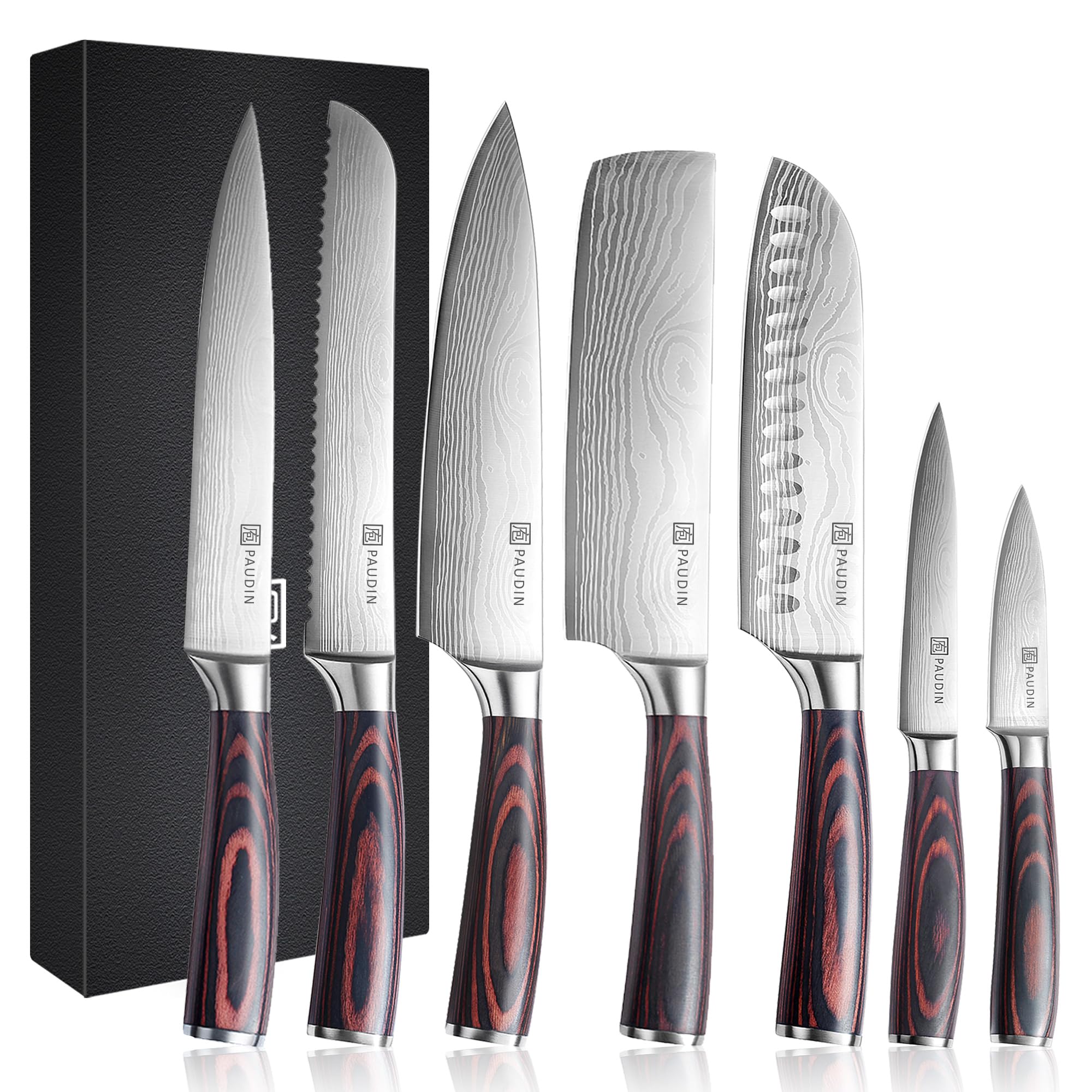 PAUDIN 7-Piece Professional Chef Knife Set - High Carbon Stainless Steel Ultra Sharp Kitchen Knives with Pakkawood Handle - Perfect for Home Cooking, Restaurant Use & Food Preparation