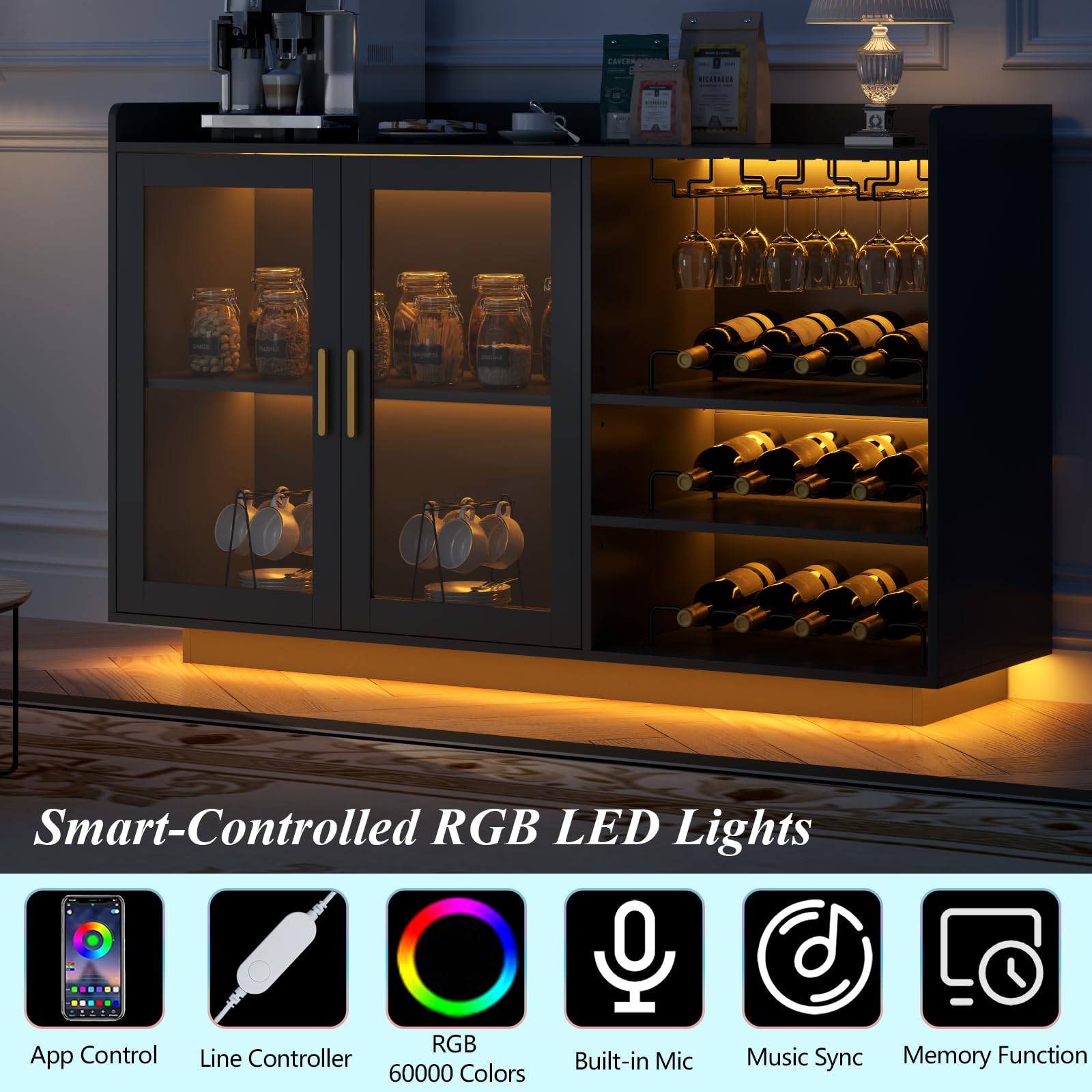 Modern Floating Wine Bar Cabinet with LED Lights - Glass Rack & Removable Wine Racks - Kitchen Buffet Sideboard with Storage Shelves & Glass Doors - Perfect for Home Bar, Dining Room, or Kitchen Counter Organization - Black