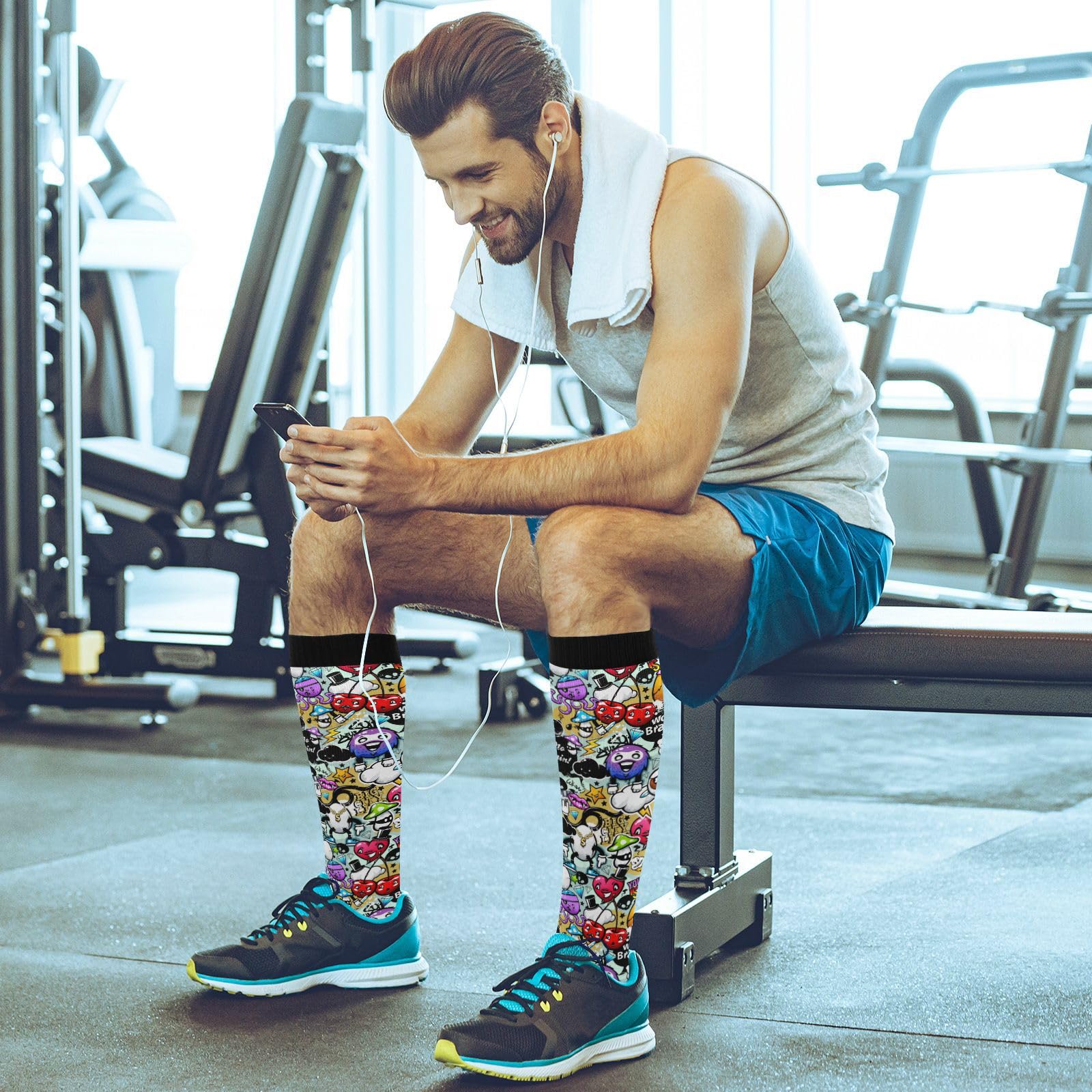 JUNZAN Compression Knee High Socks for Men & Kids - Graffiti Design Athletic Socks for Running, Sports, Nursing - Breathable Support Socks for Workout, Hospital Shifts & Daily Wear