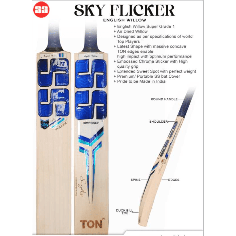 Premium SS Ton SKY Flicker Adult Cricket Bat - Professional Grade Willow Wood - Perfect for Cricket Matches, Practice & Training Sessions - Ideal for Club Players & Enthusiasts