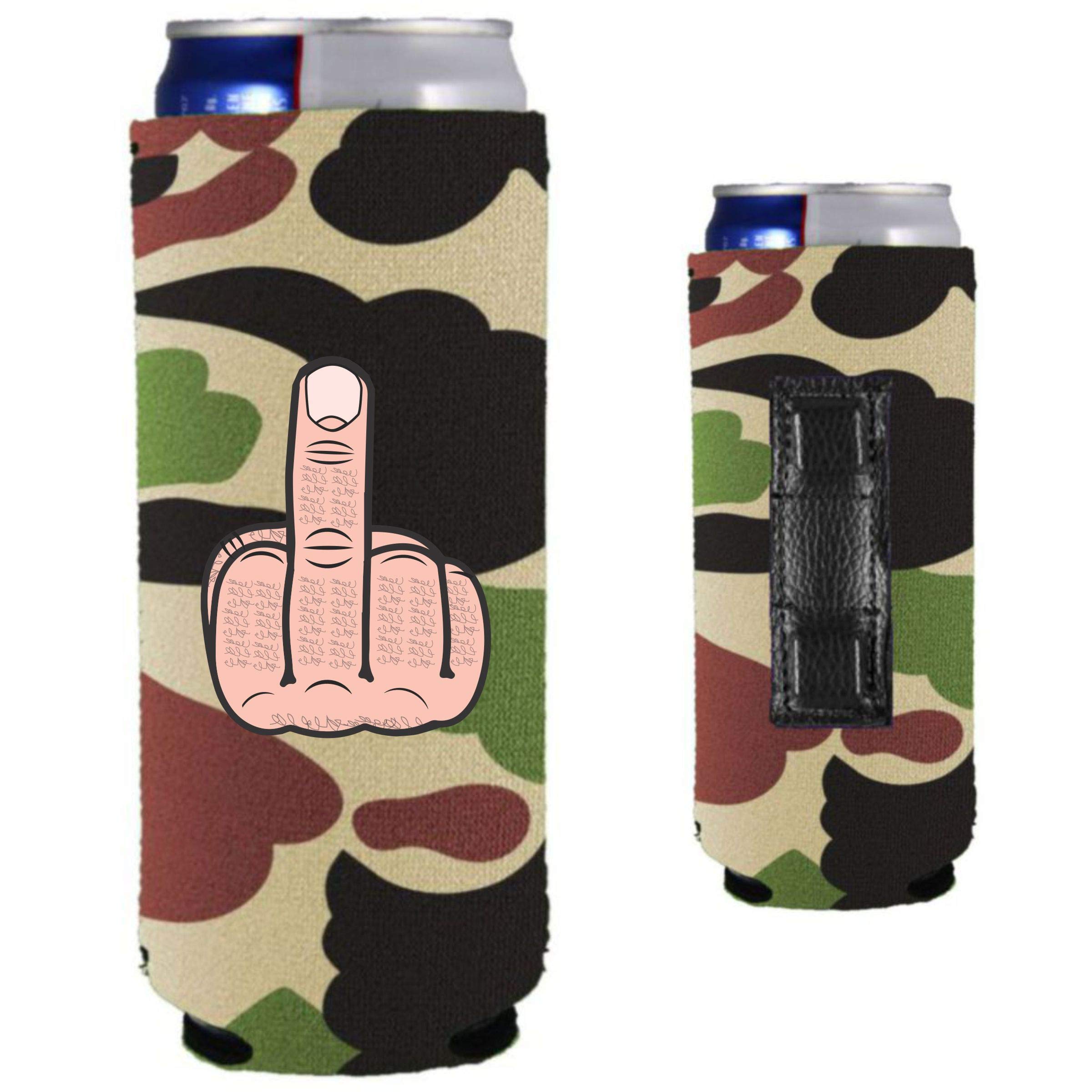 Magnetic Slim Can Cooler with Middle Finger Design (2-Pack, Camo) - Perfect for Beer, Soda & Outdoor Parties