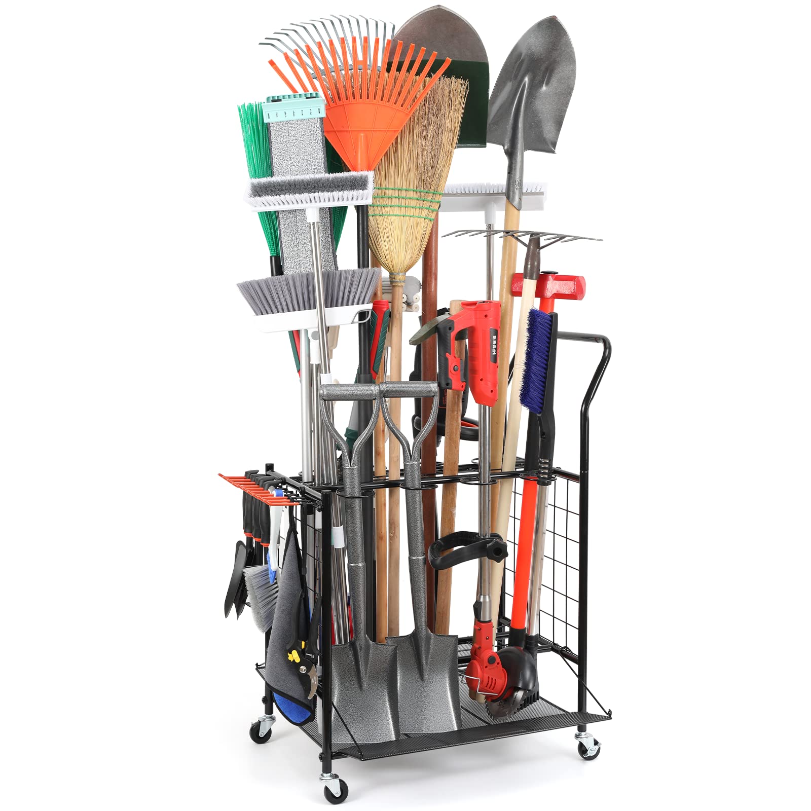 Heavy-Duty Steel Garden Tool Storage Organizer with Wheels - Yard Tool Rack Stand for Garage, Shed & Outdoor Use - Holds Up to 36 Long Handle Tools (Black) - Perfect for Organizing Shovels, Rakes & Gardening Equipment
