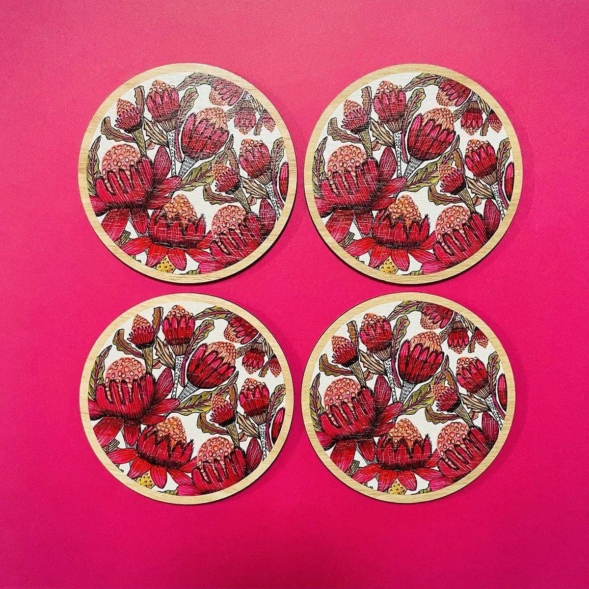 Premium Waratah Flower Wooden Coaster Set - Handcrafted Australian Native Floral Design - Perfect for Home Decor, Coffee Tables & Gift Giving