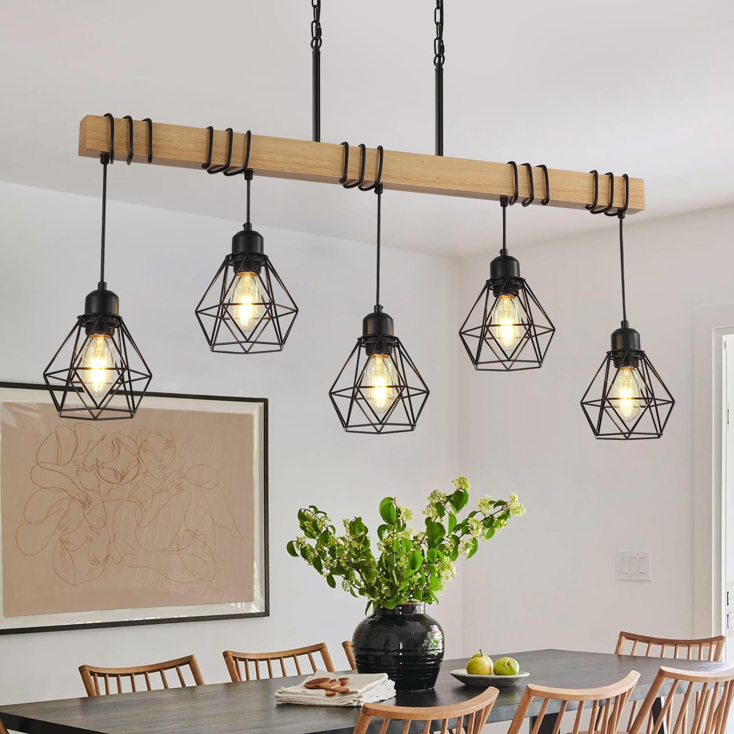 5-Light Modern Farmhouse Kitchen Island Chandelier - Black Rustic Wood Linear Pendant Light for Dining Room & Table - Perfect for Farmhouse, Rustic, and Modern Home Decor