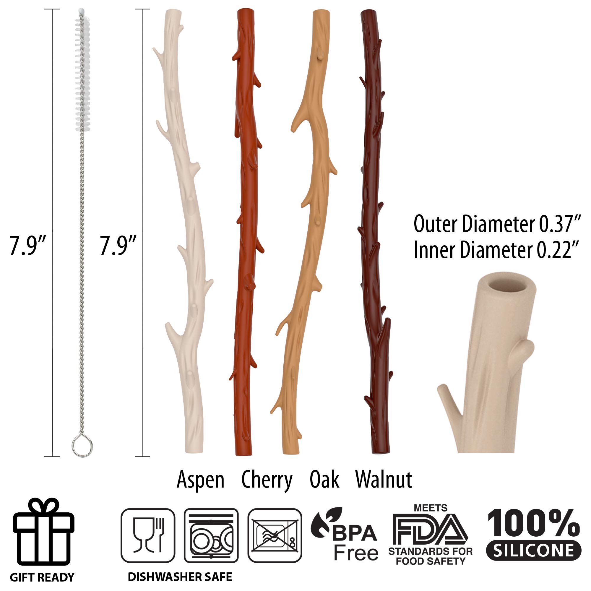 Funwares Twigglers Reusable Silicone Straws - 4 Pack with Cleaning Brush | Eco-Friendly Drinking Straws for Smoothies, Cocktails & Iced Coffee | BPA-Free, Dishwasher Safe
