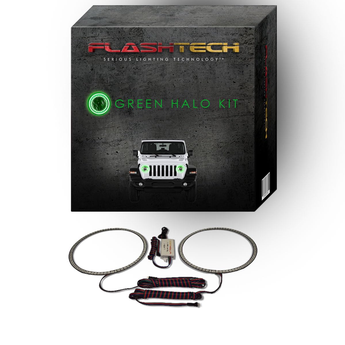 Flashtech Bright Green LED Halo Ring Headlight Kit for Jeep Wrangler 2018-2019 - Off-Road Adventure & Night Driving Lighting Upgrade