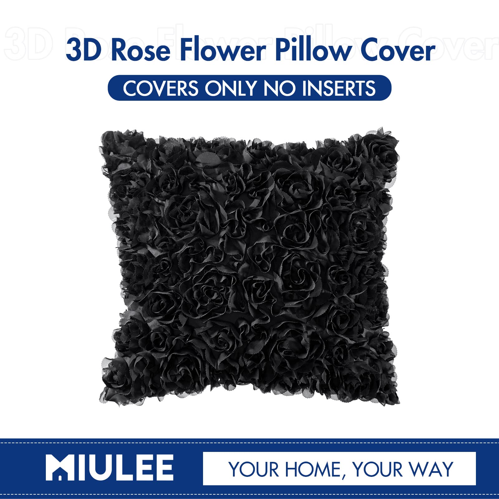 MIULEE 3D Decorative Romantic Valentines Rose Flower Throw Pillow Cover - 18x18 Inch (45x45cm) Black Chiffon Pillowcase for Sofa, Bedroom, Car - Perfect for Weddings, Gifts & Home Decor