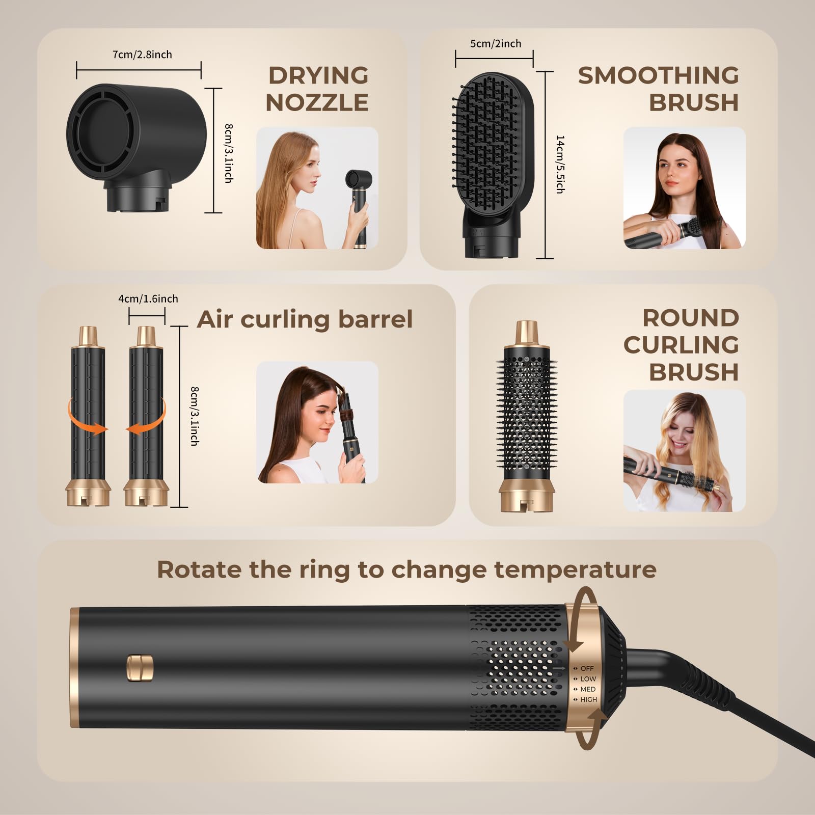 5-in-1 Blow Dryer Brush with Detachable Hot Air Styler | Negative Ion Hair Dryer & Curling Iron for Drying, Straightening & Voluminous Curls | Perfect for Salon-Quality Styling at Home, Travel & Daily Hair Care