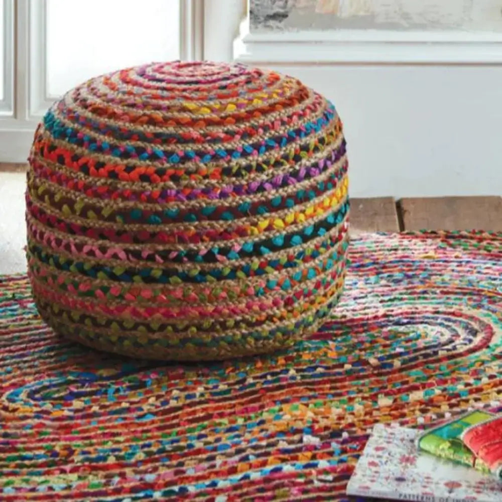 Handmade Chindi Pouffe Footstool - Colorful Cotton Rope Ottoman with Storage - Perfect for Living Room, Bedroom, or Nursery Decor
