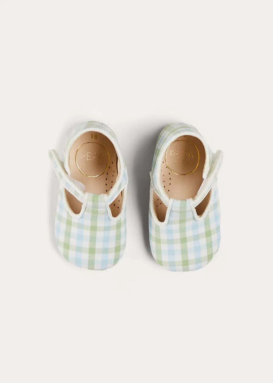Maxwell Green Gingham T-Bar Pram Shoes for Baby Boys & Girls (Sizes 17-20 EU) - Comfortable First Walkers for Newborns & Toddlers - Perfect for Outdoor Play, Special Occasions & Photo Shoots