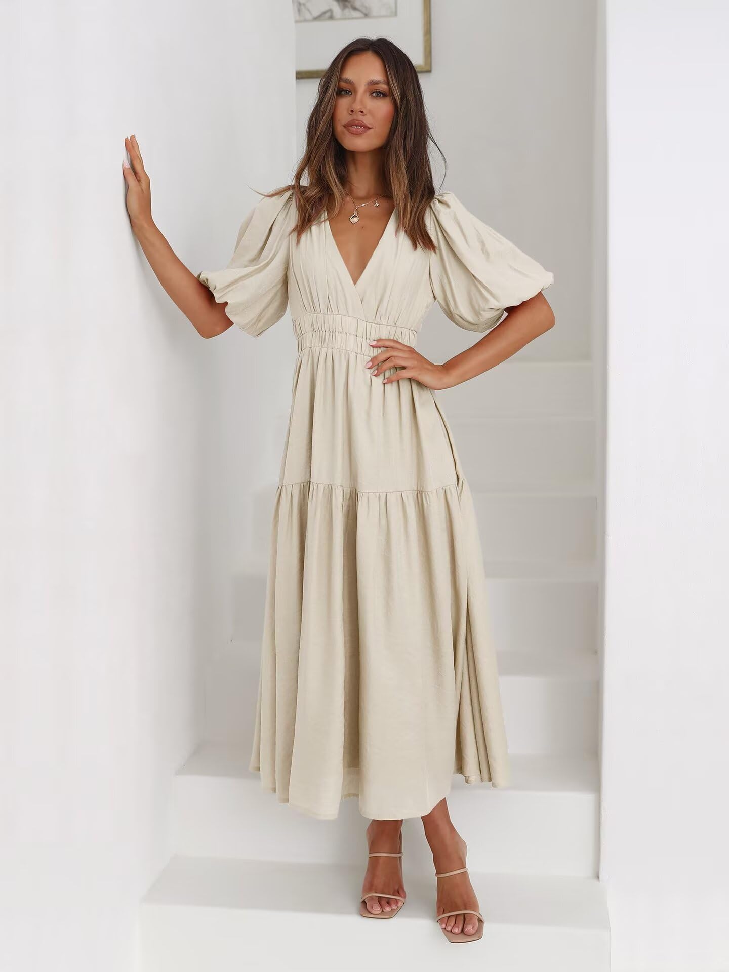 Women's Summer Swing Dress - Short Sleeve V-Neck Flowy Tiered Maxi Dress for Beach, Vacation & Casual Wear | Lightweight Comfortable Sundress for Outdoor Activities