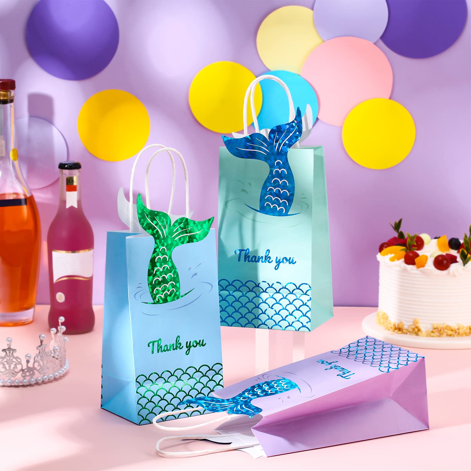 Sabary 18 Pcs Mermaid Party Favor Bags - Paper Gift Goodie Treat Candy Bags with Handles for Girls Birthday, Baby Shower & Mermaid Themed Events - Perfect for Party Decorations, Favors and Sweet Treats