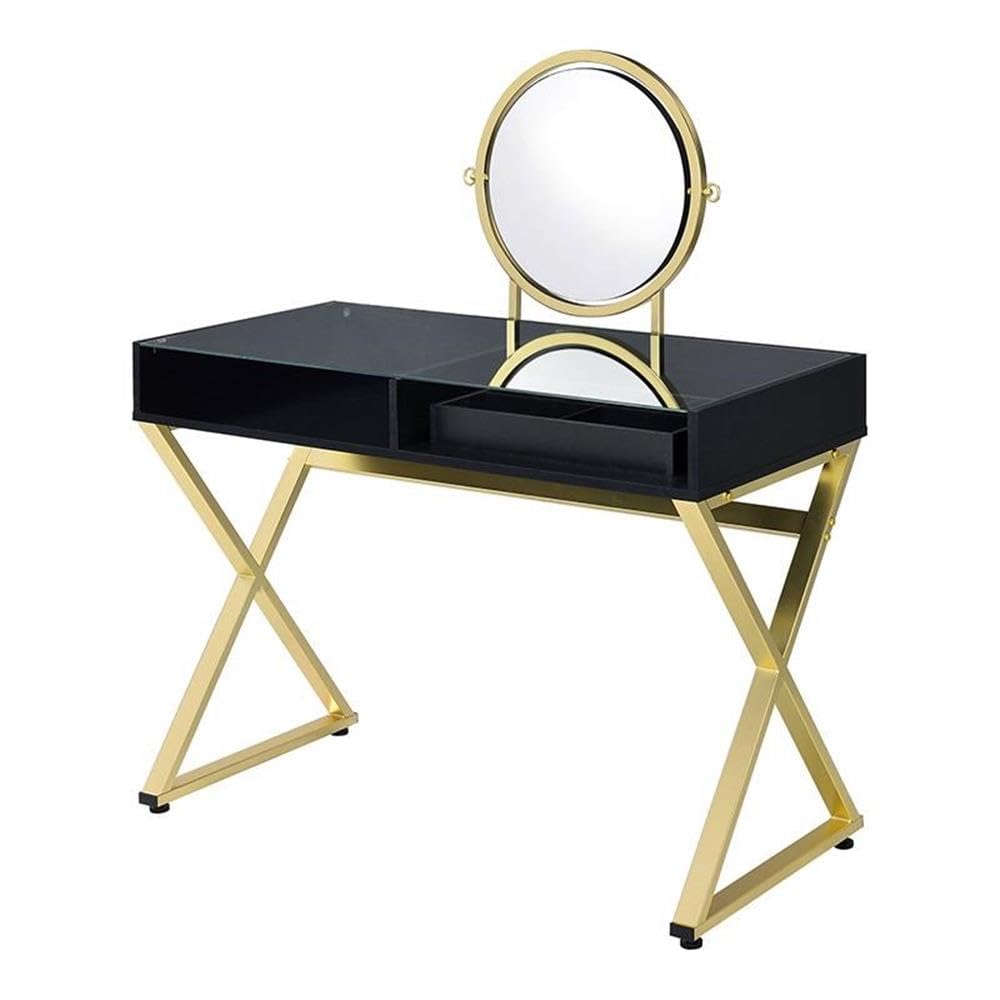 Acme Coleen Black & Gold Glass Top Vanity Desk with Jewelry Tray - Perfect for Makeup, Dressing Table & Jewelry Organization in Bedroom
