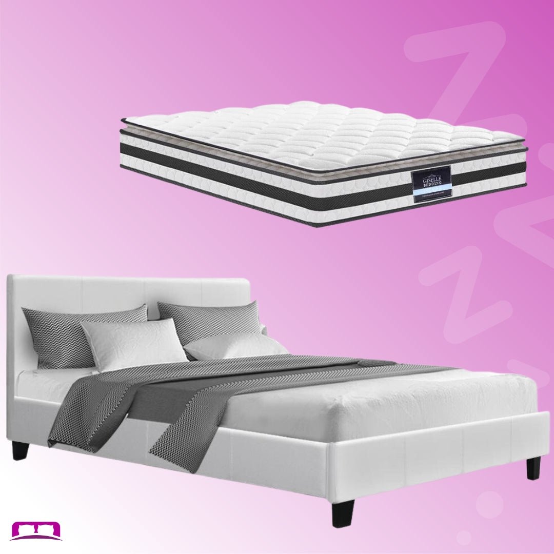 Coogee Bed White & Normay Series Pillow Top Mattress - Medium Firm Support, Double Package Set for Ultimate Comfort | Perfect for Guest Rooms, Dorms & Small Apartments
