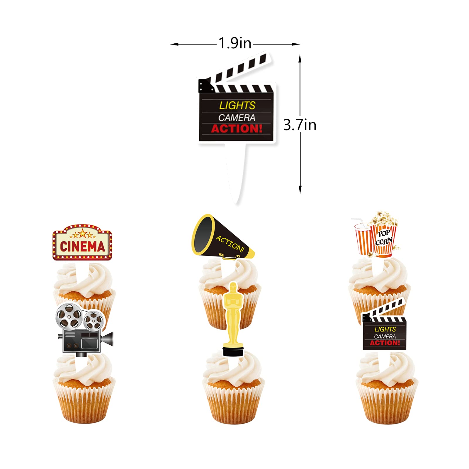 24 Pcs Movie Night Cupcake Toppers - Cinema Themed Birthday Party Decorations, Film Reel & Popcorn Cake Toppers for Hollywood Party, Movie Marathon Night, Kids Birthday & Themed Celebrations