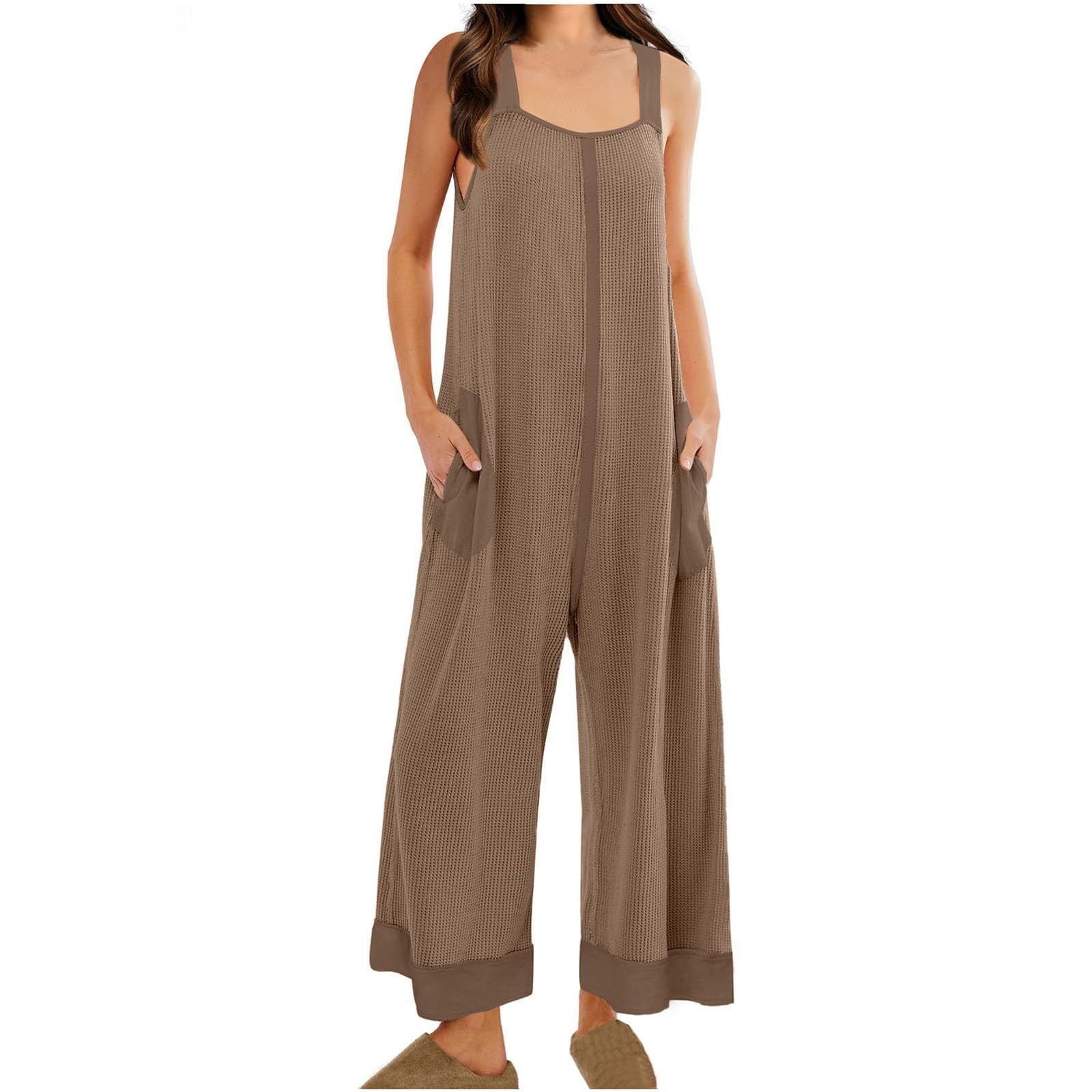 RKSTN Women's Fashion Waffle Knit Jumpsuit - 2024 Summer Casual Romper Overalls with Wide Leg Long Pants & Pockets | Perfect for Beach Outings, Streetwear & Vacation Travel