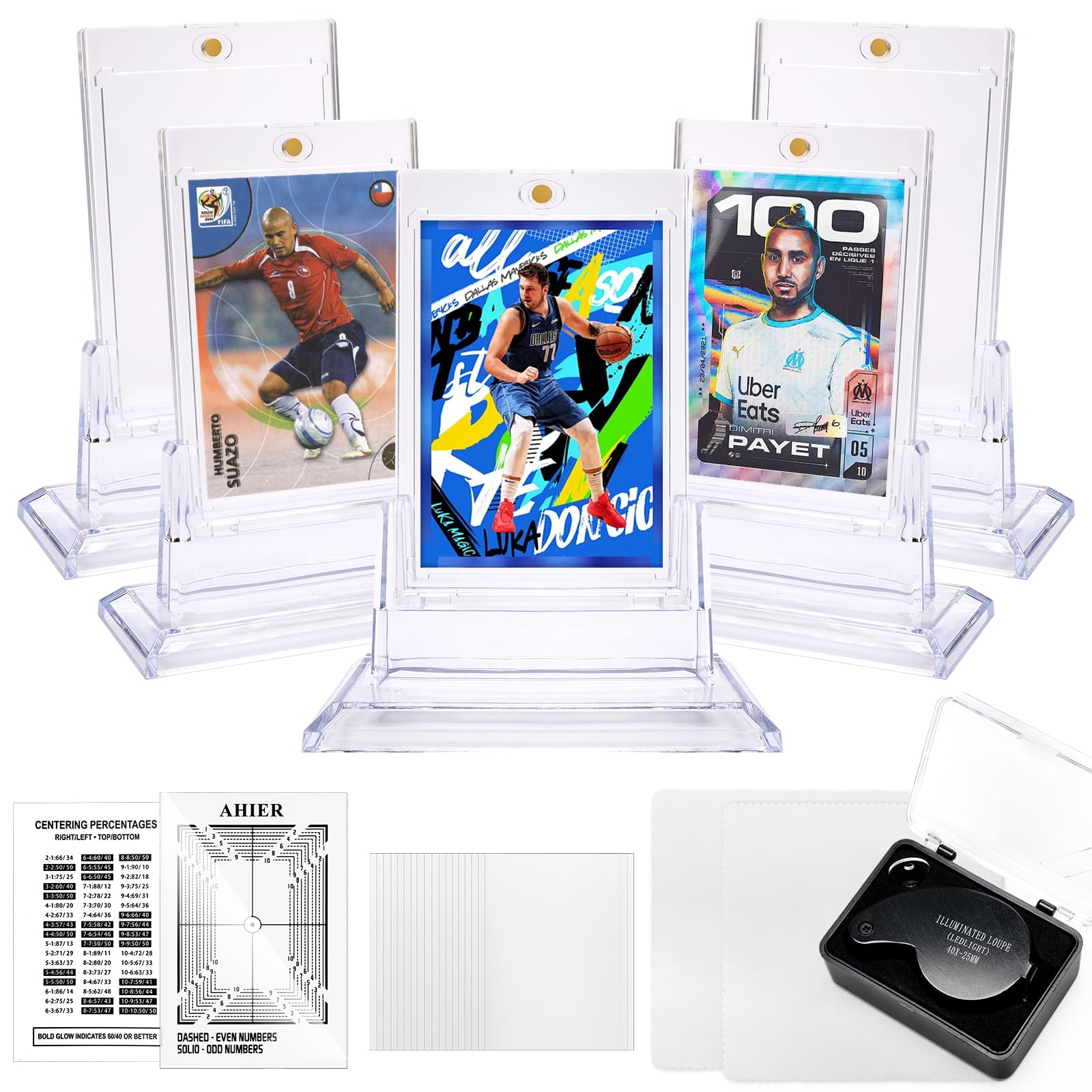 AHIER Professional Card Grading Kit - Includes Centering Tool, 40X Magnifier, 5 Magnetic Card Holders with Base, 100 Protective Sleeves & 2 Cleaning Cloths | Perfect for Collectors, TCG Players & Card Grading Enthusiasts