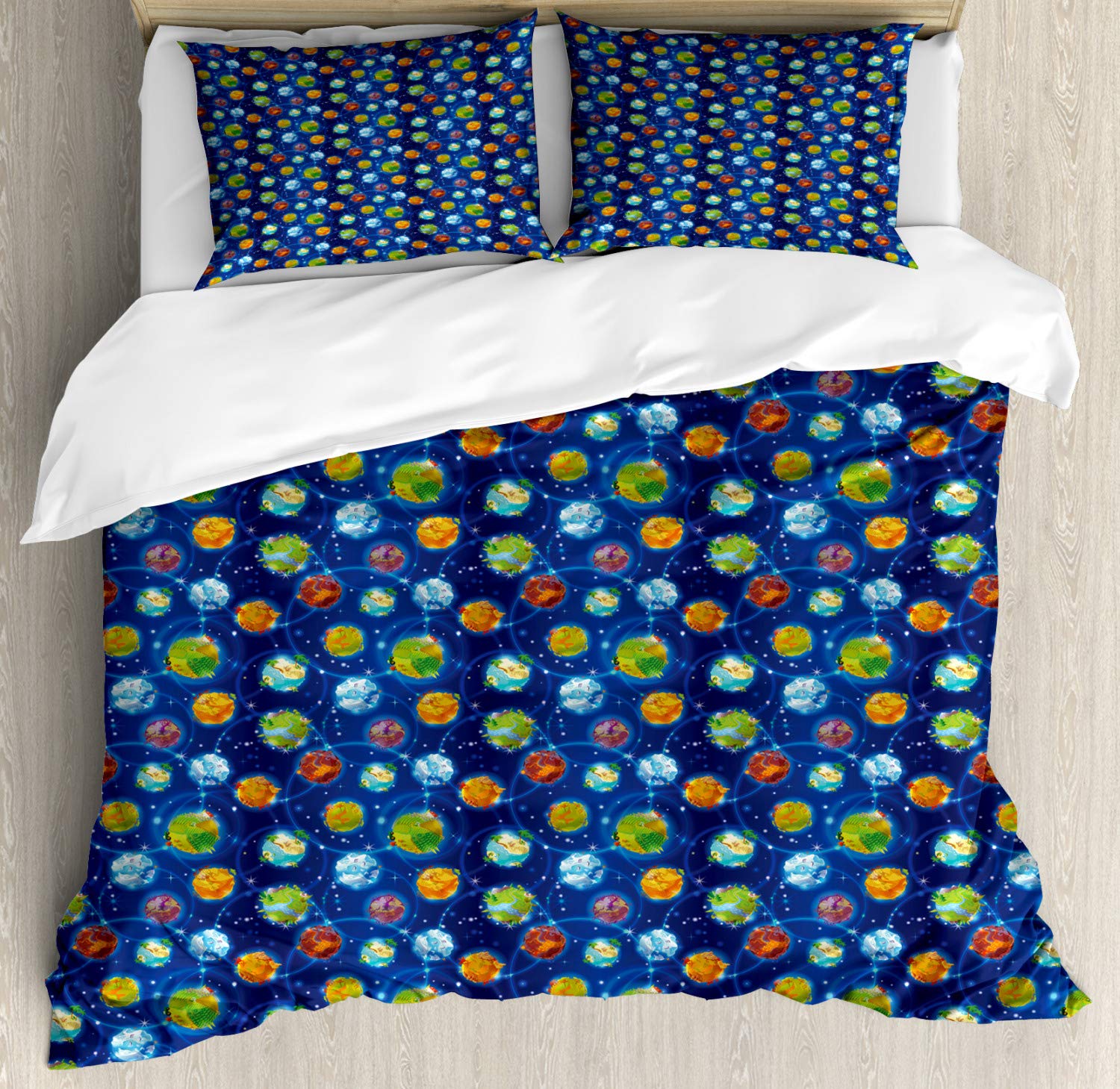 Ambesonne Space Duvet Cover Set Queen Size - Galactic Theme with Earth Planets & Stars - 3 Piece Bedding Set Includes Duvet Cover & 2 Pillow Shams - Cobalt Blue Multicolor Cartoon Style - Perfect for Kids Room, Teen Bedroom & Space Themed Decor